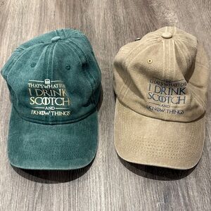Green and Tan Baseball Caps with Scotch Quote